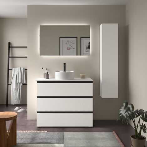 Meuble de salle de bain BEQUIA METAL 3C 100cm Blanc mat Vasque à poser Porcelaine Centrale