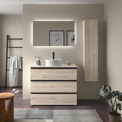 Meuble de salle de bain BEQUIA METAL 3C 100cm Naturel Vasque à poser Porcelaine Centrale