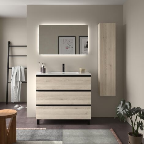 Meuble de salle de bain BEQUIA METAL 3C 100cm Naturel Vasque Porcelaine Centrale