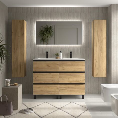 Meuble de salle de bain BEQUIA METAL 3C 120cm Chêne Vasque Porcelaine Centrale