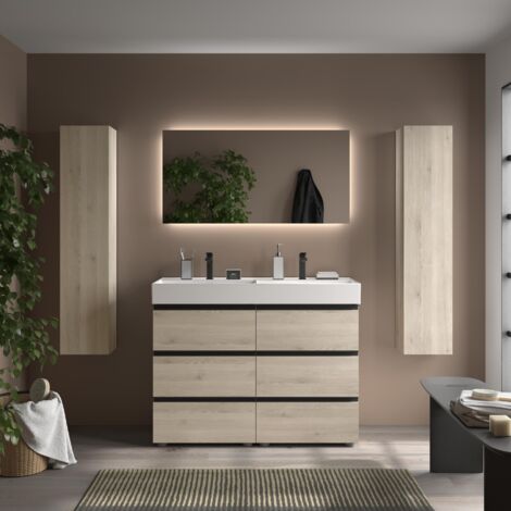 Meuble de salle de bain BEQUIA METAL 3C 120cm Naturel Vasque Veneto Porcelaine Centrale