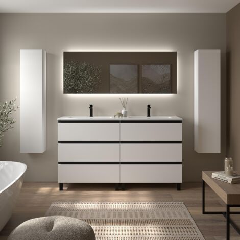 Meuble de salle de bain BEQUIA METAL 3C 160cm Blanc mat Vasque Vilna Solid Surface Centrale