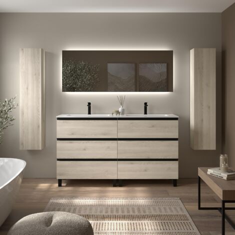 Meuble de salle de bain BEQUIA METAL 3C 160cm Naturel Vasque Vilna Solid Surface Centrale