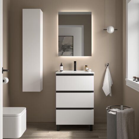 Meuble de salle de bain BEQUIA METAL 3C 60cm Blanc mat Vasque Porcelaine Centrale