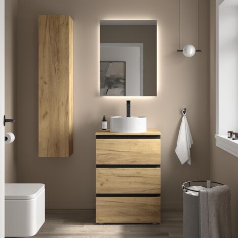 Meuble de salle de bain BEQUIA METAL 3C 60cm Chêne Vasque à poser Porcelaine Centrale