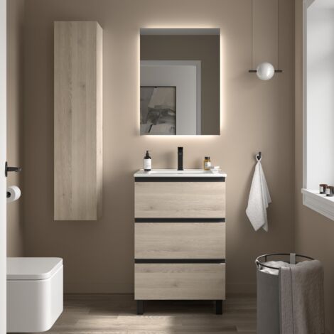 Meuble de salle de bain BEQUIA METAL 3C 60cm Naturel Vasque Porcelaine Centrale
