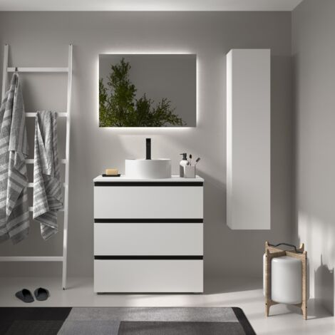 Meuble de salle de bain BEQUIA METAL 3C 80cm Blanc mat Vasque à poser Porcelaine Centrale