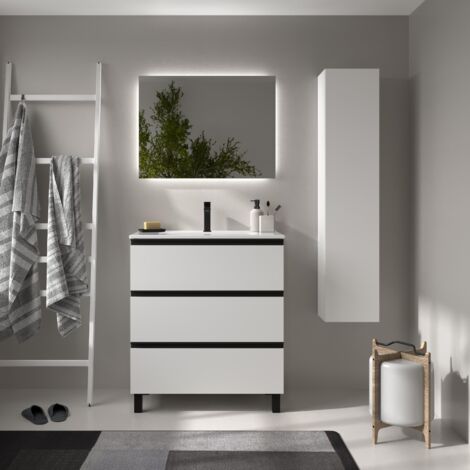 Meuble de salle de bain BEQUIA METAL 3C 80cm Blanc mat Vasque Porcelaine Centrale