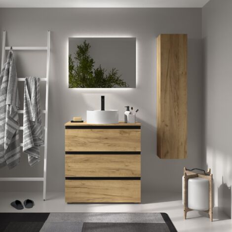 Meuble de salle de bain BEQUIA METAL 3C 80cm Chêne Vasque à poser Porcelaine Centrale