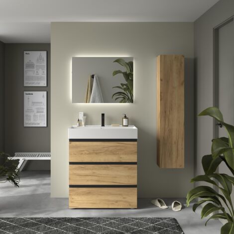 Meuble de salle de bain BEQUIA METAL 3C 80cm Chêne Vasque Veneto Porcelaine Centrale