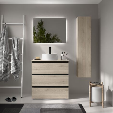 Meuble de salle de bain BEQUIA METAL 3C 80cm Naturel Vasque à poser Porcelaine Centrale