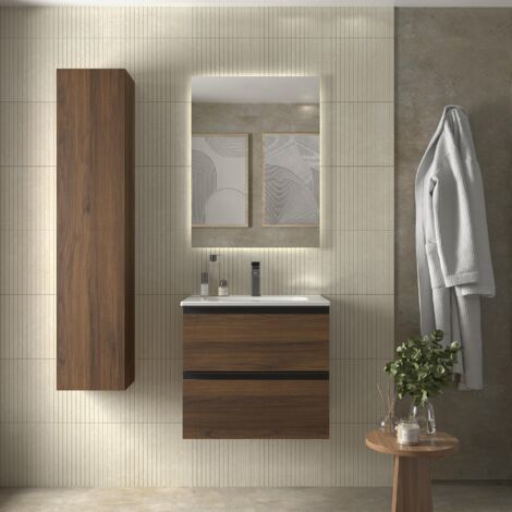 Meuble de salle de bain BEQUIA METAL 60cm Noyer Vasque Porcelaine Centrale