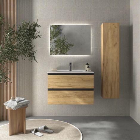 Meuble de salle de bain BEQUIA METAL 80cm Chêne Vasque Porcelaine Centrale