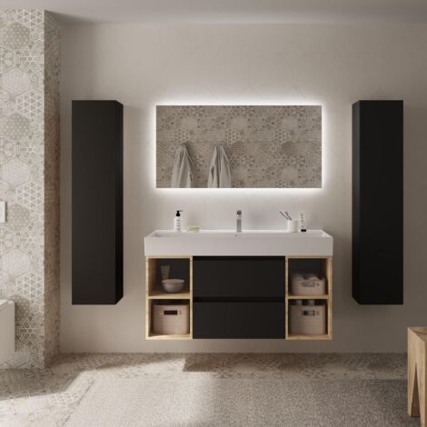 Meuble de salle de bain BEQUIA Plus 120cm Noir mat /Chêne Vasque Porcelaine Centrale