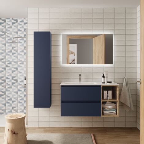 Meuble de salle de bain BEQUIA Plus 90cm Bleu mat /Chêne Vasque Porcelaine Robinet à gauche