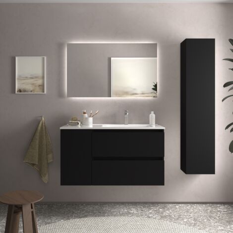 Meuble de salle de bain BEQUIA Plus 90cm Noir mat Vasque Porcelaine Robinet à droite