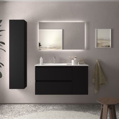 Meuble de salle de bain BEQUIA Plus 90cm Noir mat Vasque Porcelaine Robinet à gauche