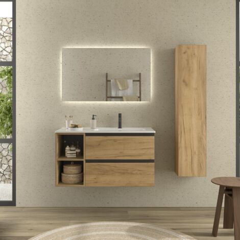 Meuble de salle de bain BEQUIA PLUS METAL 90cm Chêne Vasque Porcelaine Robinet à droite 2H