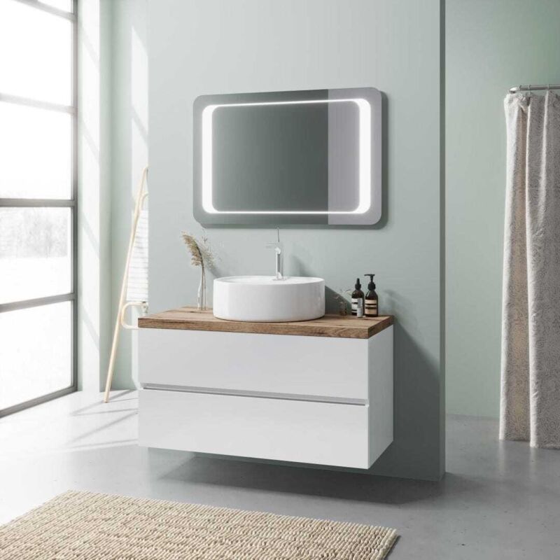 Kiamami Valentina - Meuble De Salle De Bain Blanc Brillant 100Cm Lavabo à Poser Et Miroir à Led Elba