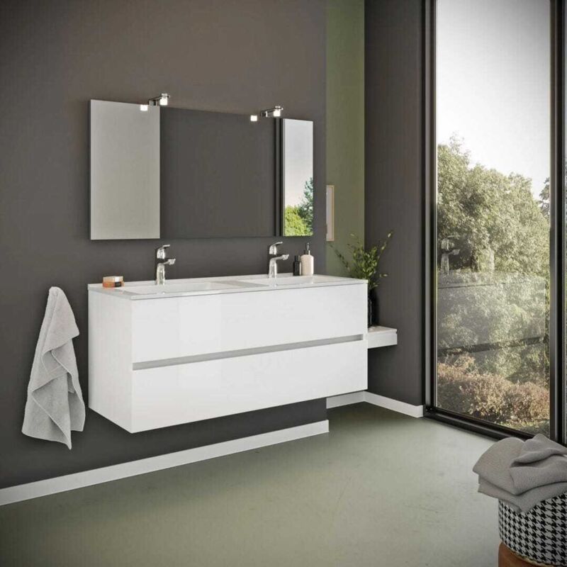 Kiamami Valentina - Meuble De Salle De Bain Blanc Brillant 120Cm, Tiroirs Et Double Lavabo Benaco