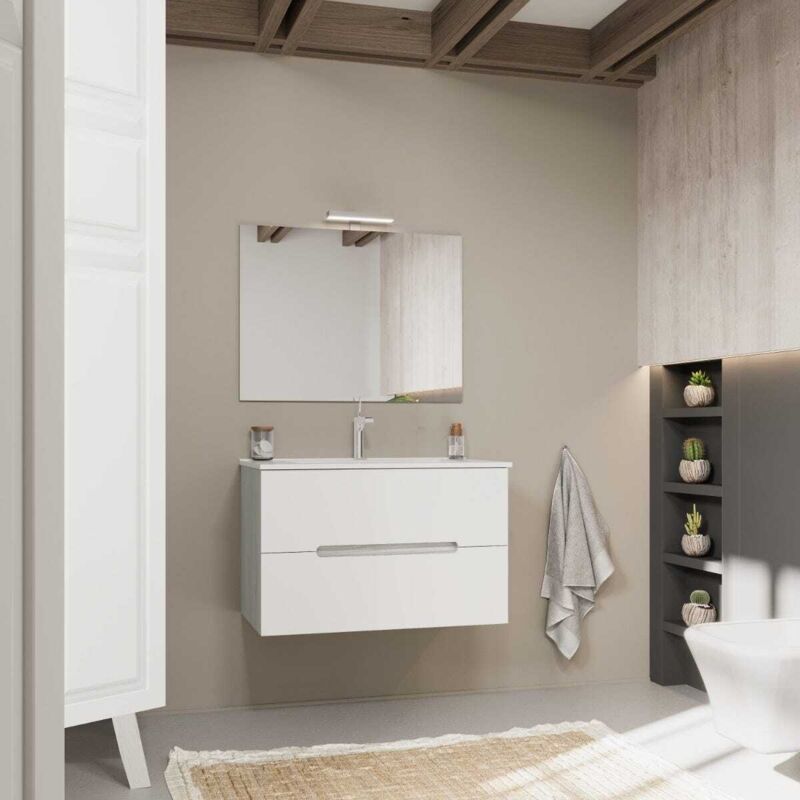 Meuble De Salle De Bain Blanc Mat 80Cm Avec Côtés En Chêne Gris Magnolia