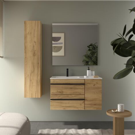 Meuble de salle de bain BORN PLUS 90cm Chêne Vasque Porcelaine Robinet à gauche 1P