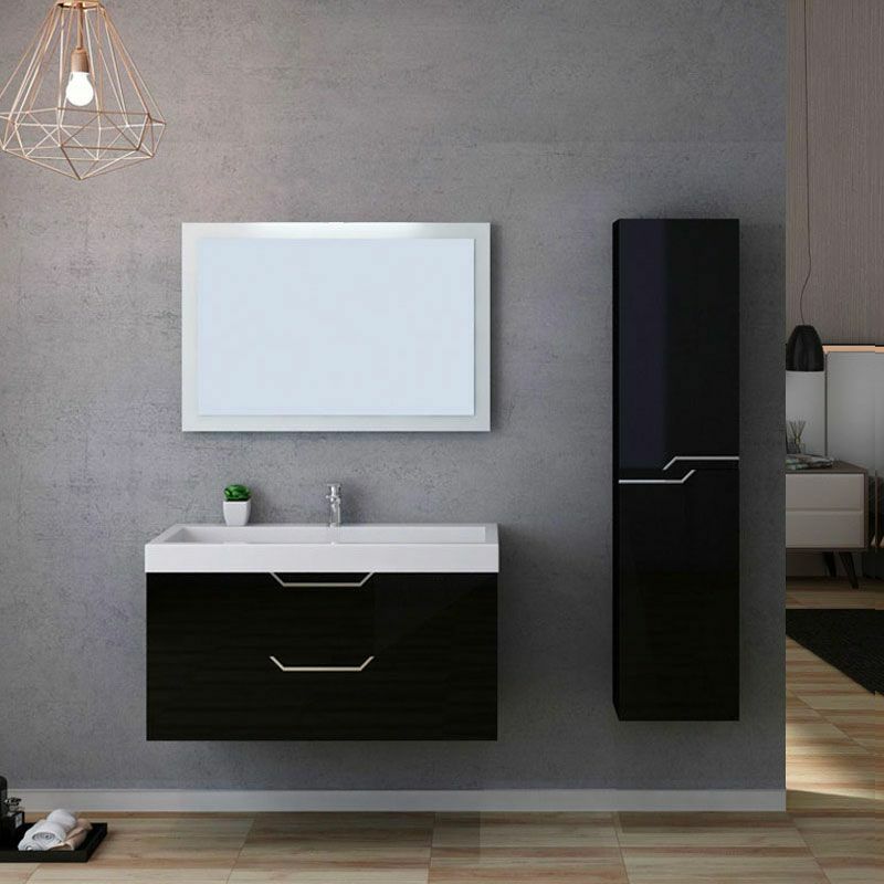 Distribain – Meuble de salle de bain avec vasque 1000mm – MDF noir brillant – Colonne de rangement 1550mm – Miroir rétro-éclairé 960x600mm