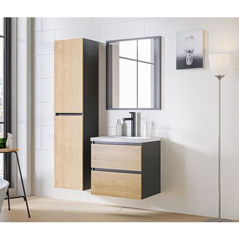 Meuble de salle de bain Chêne hamiltion et gris diamant L80-H57-P46 - Marseilla + Plan de vasque en bois CHÊNE D'HAMILTON L-80-P47-H2,5