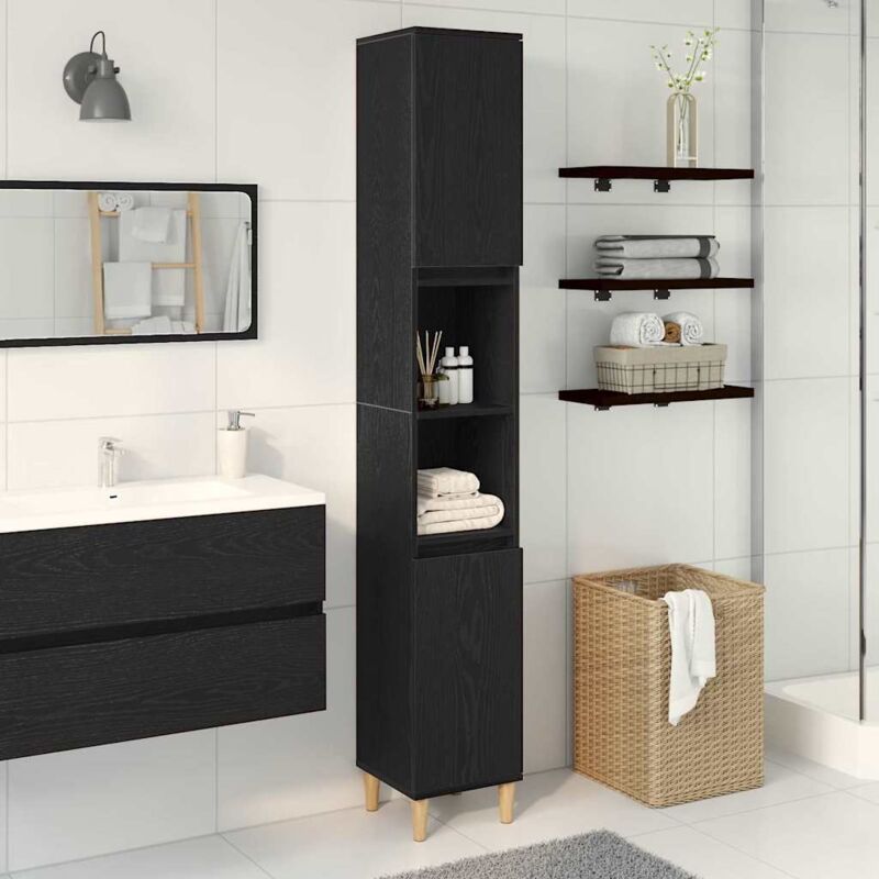 Torana - Cabinet de salle de bain avec porte Chêne noir 30 x 30 x 190 cm
