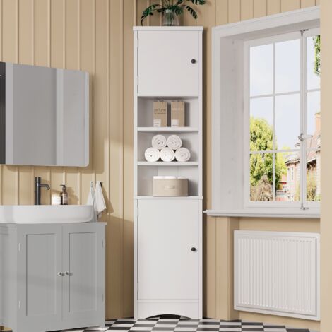 Meuble de salle de bain, Colonne, avec trois compartiments de rangement ouverts, étagères réglables, poignées noires, peinture hydrofuge, 36 x 24,5 x 170 cm, Blanc