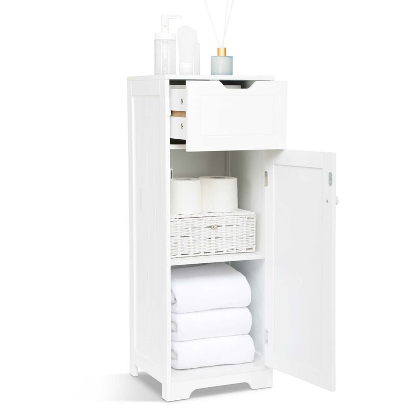 Meuble de Salle de Bain - Colonne de Rangement avec 1 Tiroir 1 Porte et 2 Étagères, en Bois mdf Blanc Laqué Mondeer