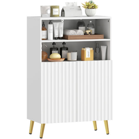 Meuble de salle de bain, commode pour salon, portes à fermeture amortie, 2 étagères ouvertes, MDF, blanc