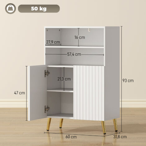 Meuble de salle de bain, commode pour salon, portes à fermeture amortie, 2 étagères ouvertes, MDF, blanc