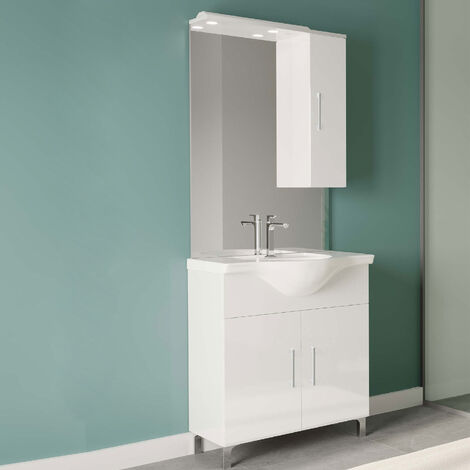 Meuble de salle de bain complet avec lavabo et miroir avec meuble haut 75 cm Blanc Brillant Beach 1