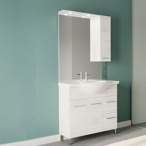 Meuble de salle de bain complet avec vasque et miroir avec meuble haut Beach2 Chêne Blanc 85 cm
