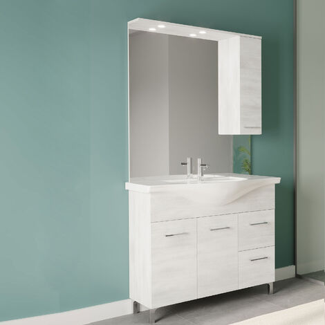 Meuble de salle de bain complet avec vasque et miroir avec meuble haut Beach3 Chêne Blanc 105 cm