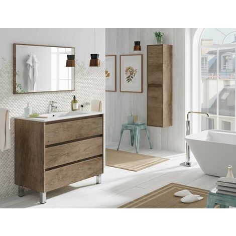 Meuble De Salle De Bain Dakota Sur Le Sol 80 Cm Avec Miroir Couleur Avec Colonne Et Lampe Led 305050hb