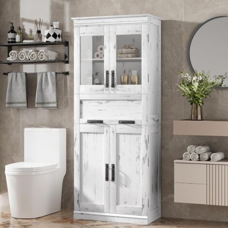 Meuble de salle de bain de 170 cm de haut avec 4 portes et tiroir rabattable en verre, meuble de rangement avec étagères réglables, organiseur autonome pour cuisine, garde-manger et salon