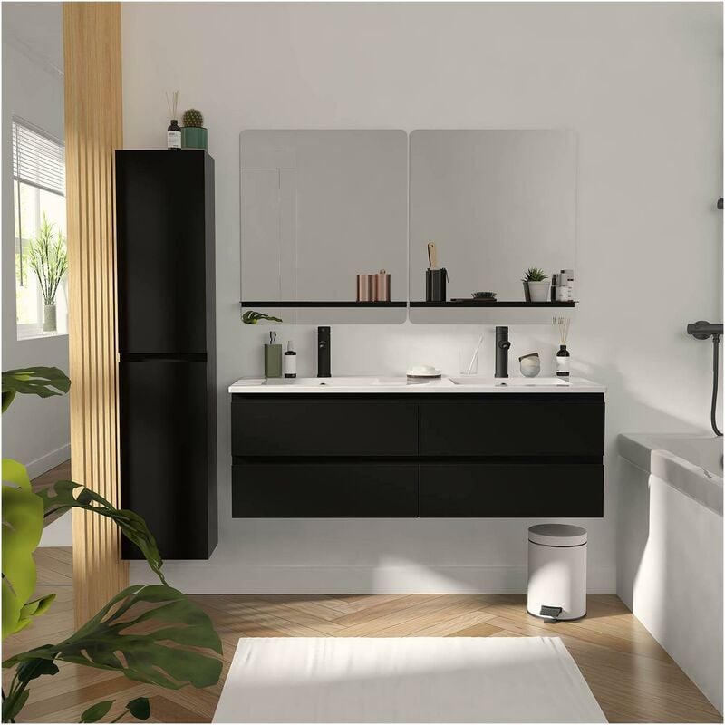 Mob-in - Ensemble meuble double vasque noir carbone 120cm + vasque + 2 miroirs + colonne