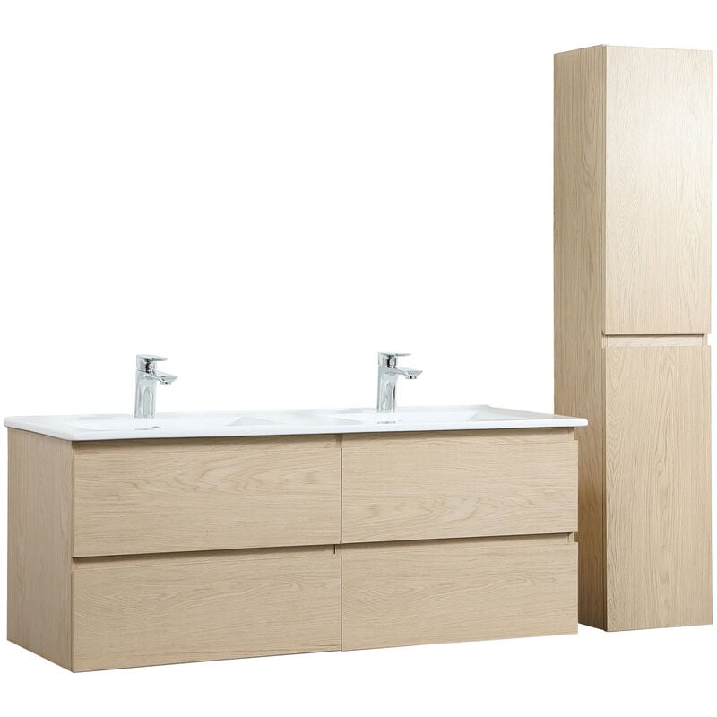 Mob-in - Meuble double vasque 120cm avec plan céramique sorrento Décor chêne + colonne