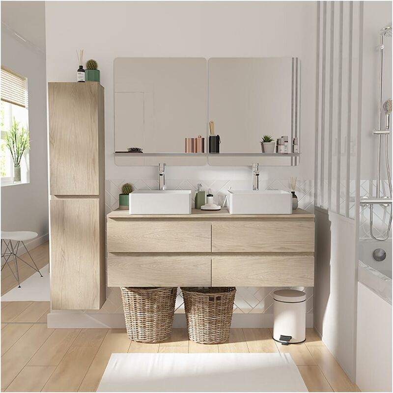 Mob-in - Meuble double vasque 120cm avec plan bois sorrento chêne +vasque+rob+miroir+co