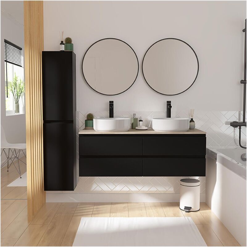 Mob-in - Meuble double vasque 120cm avec plan bois sorrento Noir+vasque+rob+miroir+co