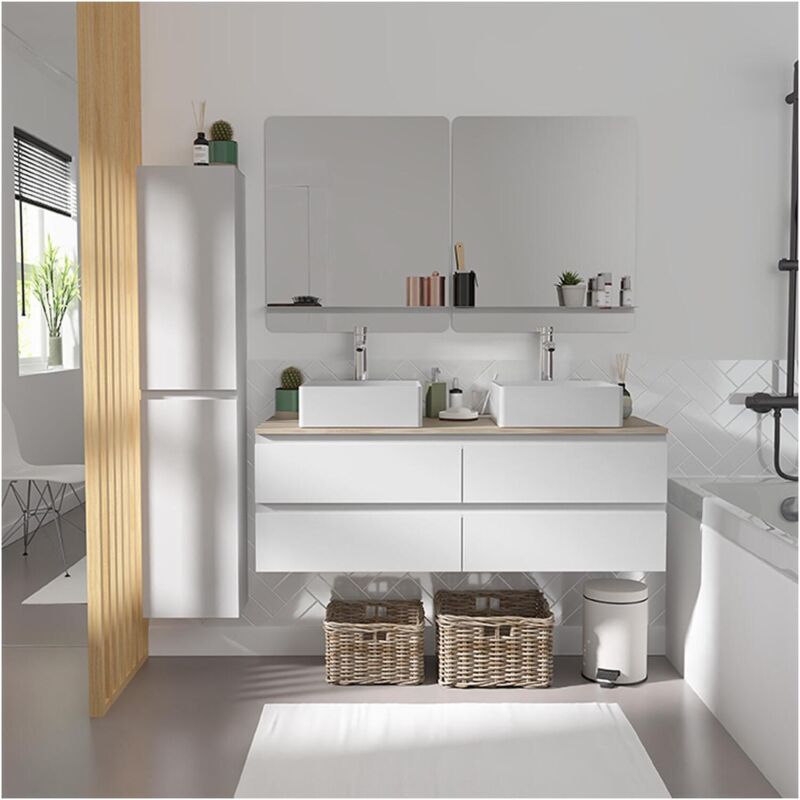 Mob-in - Meuble double vasque 120cm avec plan bois sorrento Blanc+vasque+rob+miroir+co