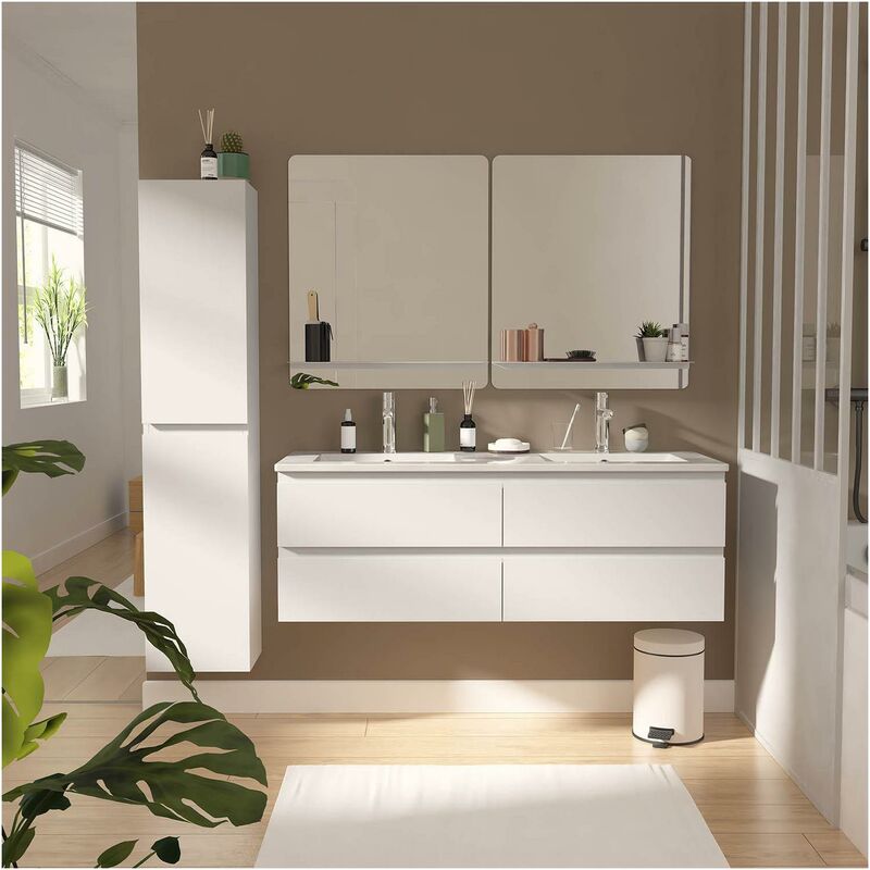 Mob-in - Meuble double vasque 120cm avec plan céramique SORRENTOBlanc+robinet+miroir+co
