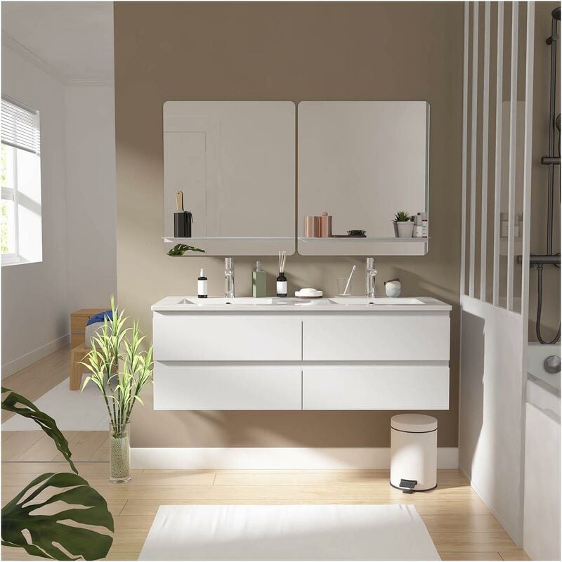 Mob-in - Ensemble meuble double vasque blanc 120cm + vasque + 2 miroirs