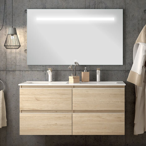 Meuble de salle de bain double vasque - 4 tiroirs - bambou (chêne clair) - BALEA et miroir Led STAM - 120cm