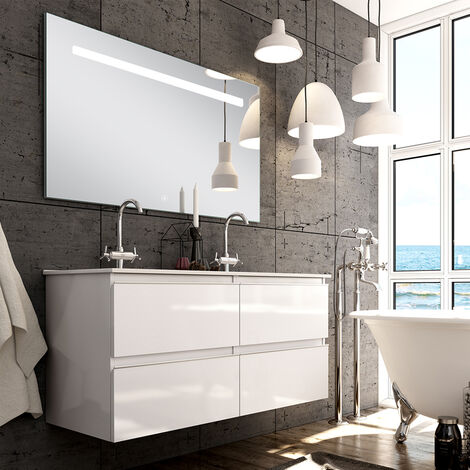 Meuble de salle de bain double vasque - 4 tiroirs - blanc - BALEA et miroir Led STAM - 120cm
