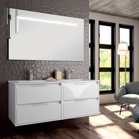 Meuble de salle de bain double vasque - 4 tiroirs - blanc - IRIS et miroir Led STAM - 120cm