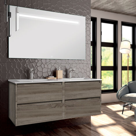 Meuble de salle de bain double vasque - 4 tiroirs - Britannia (chêne foncé) - IRIS et miroir Led STAM - 120cm