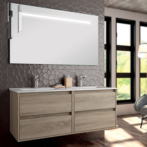 Meuble de salle de bain double vasque - 4 tiroirs - cambrian (chêne clair) - IRIS et miroir Led STAM - 120cm